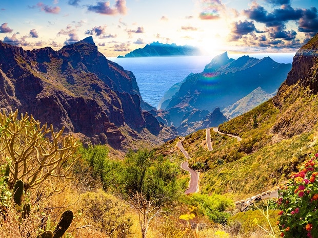 Masca,Valley.canary,Island.tenerife.spain.scenic,Mountain,Landscape.cactus,vegetation,And,Sunset,Panorama,In,Tenerife