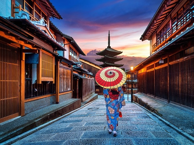 Asian,Woman,Wearing,Japanese,Traditional,Kimono,At,Yasaka,Pagoda,And